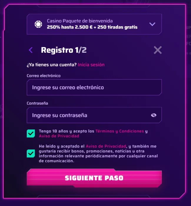 Roby Casino Registro y Bono de Bienvenida Roby Casino formulario de registro con selección del paquete de bienvenida
